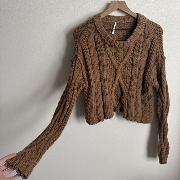 Free People Sweater Womens Small Brown Crop Chunky Knit Boho Hippie Festival - Picture 4 of 13